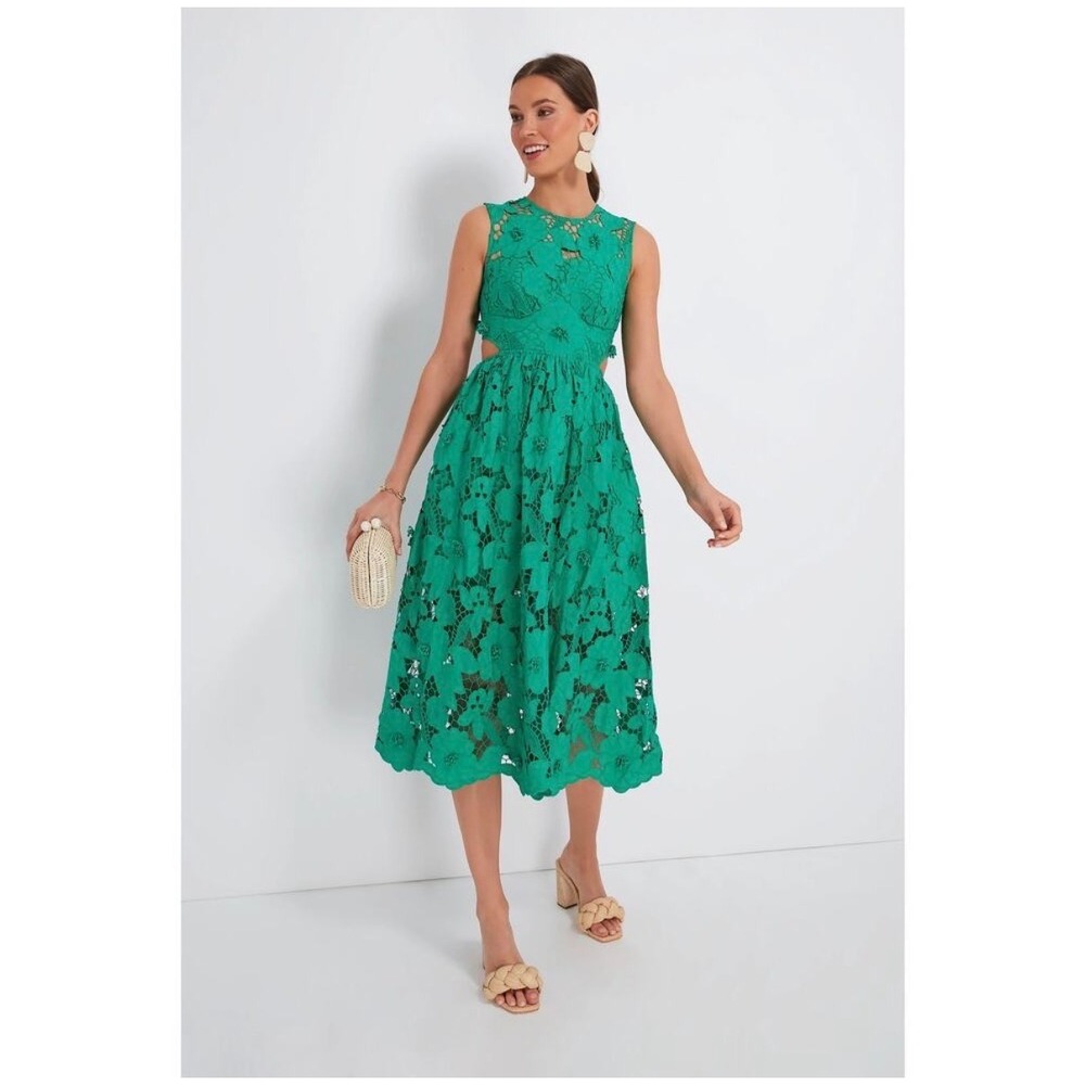 Self-Portrait‎ Green Floral Guipure Lace Cut-Out Midi Dress Sleeveless Scalloped